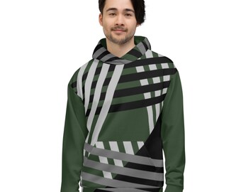 May include: A green, black, and gray striped hoodie with a geometric pattern. The hoodie has a drawstring hood and a kangaroo pocket.