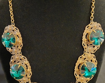 Gold Filigree Necklace with Emerald Green Crystals - Women Jewelry