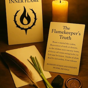 May include: A still life arrangement featuring a lit candle, two cards with text, a feather, green stalks, a small rock, and a wax seal. The cards read "INNER FLAME" and "The Flamekeeper's Truth". The scene is set on a wooden surface.
