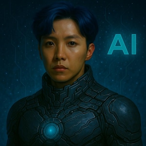 May include: A digital art portrait of a person with blue hair and a futuristic, dark blue armored suit. The word "AI" is displayed in a glowing teal font against a dark blue background with a starry pattern.