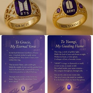 May include: Two gold-colored rings with intricate designs. One ring features "BTS" and "GRACIE" on it, the other ring has "ARMY" and "MIN YOONGI". Both rings have a purple center stone and small diamonds.