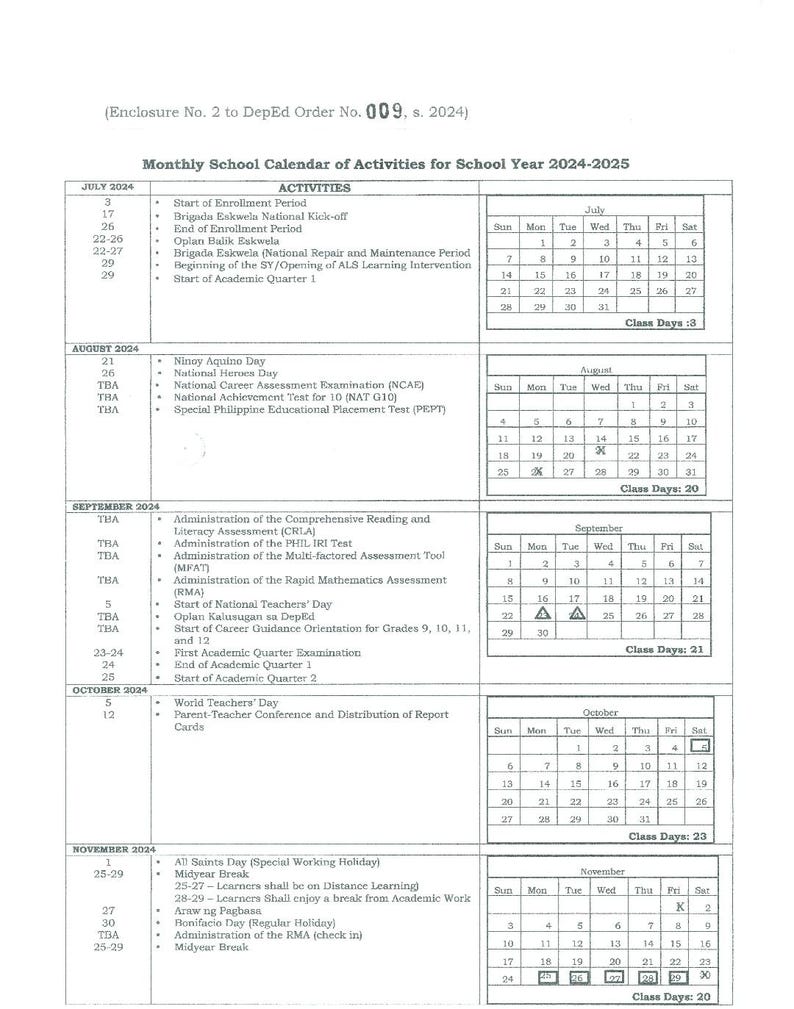 Philippine Department of Education School Calendar 20242025 . Etsy
