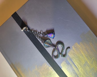 Wraparound Elastic Bookmark with Snake Pendant and Jewel Charm