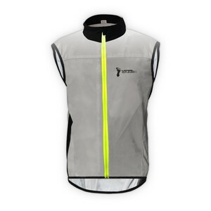 May include: A reflective gray vest with a black collar and trim, featuring a bright yellow zipper. The vest has the text "REFLECTIOES" and a foot logo on the front. Designed for visibility, it is sleeveless and suitable for outdoor activities.