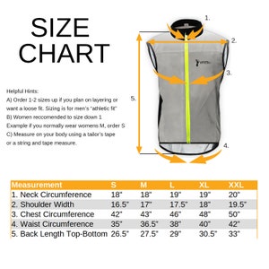 May include: A reflective vest with a size chart. The vest is silver with black trim and a yellow zipper. The size chart includes measurements for neck, shoulder, chest, waist, and back length in inches for sizes S to XXL.
