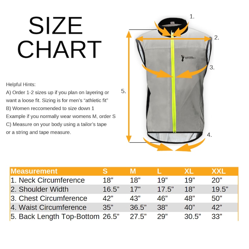 May include: A reflective vest with a size chart. The vest is silver with black trim and a yellow zipper. The size chart includes measurements for neck, shoulder, chest, waist, and back length in inches for sizes S to XXL.