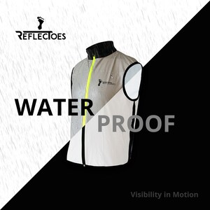May include: A reflective, water-proof vest with a black collar and a neon yellow zipper. The vest has the brand name "Reflectoes" printed on it. The words "WATER PROOF" are displayed in large, bold letters. The background is split diagonally, with a white rain effect on one side and black on the other.
