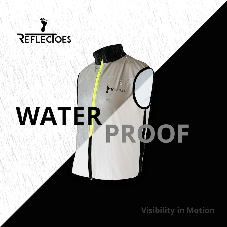 May include: A reflective, water-proof vest with a black collar and a neon yellow zipper. The vest has the brand name "Reflectoes" printed on it. The words "WATER PROOF" are displayed in large, bold letters. The background is split diagonally, with a white rain effect on one side and black on the other.