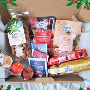 Weihnachtssüßigkeits-Geschenkbox, Weihnachtsduftkerzen, Badesalz und Hautpflege, Winter-Spa-Selbstpflegepaket, Weihnachtsgeschenk, Schokoladen-Snacks