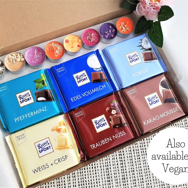 Ritter Sport Chocolate Hamper, Handmade Candles, Snack Bars Gift Box for Mom, Get Well Soon Package, Candy Treats for Friend, Vegan Snacks