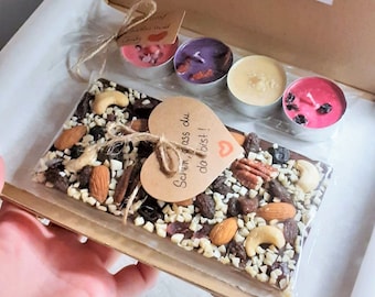 Barra de chocolate hecha a mano y velas de té perfumadas-Recupérate pronto-Caja de regalo de cumpleaños-Paquete de dulces personalizable-Abrazo en una caja-Cesta dulce