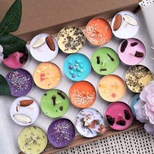 Handmade Scented Tea Lights, Unique Candles with toppings, Mother&#39;s day Gift idea, Birthday Present, Get well Soon, Natural Soy Wax Vegan