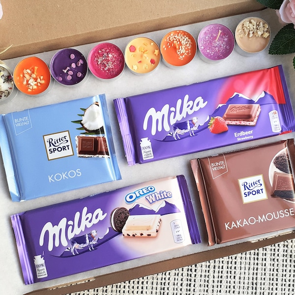 Schokoriegel und Kerzen Geschenkbox, Milka Ritter Sport Candy Treats Geschenk und handgemachte duftende Teelichter, Geburtstagskorb, Gute Besserung