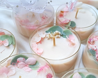 Candles with Real Dried Flowers, Eucalyptus, Pink Wildflower Theme Wedding Guest Favors, Baby Shower Baptism Souvenirs, Vegan Tealight Gifts