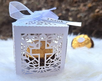 SET White Cardboard box with Cross filled with Ferrero Rocher Chocolate, First Communion Guest Gifts, Baptism Favors, Christening Souvenirs