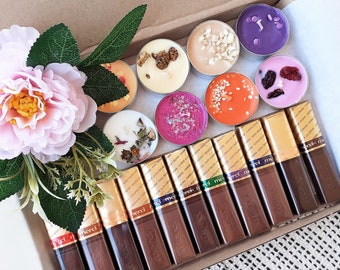 Merci Chocolate Gift Box, Handmade Scented Candles, Sweet Personalized Box with Candy Snacks Treats,  Birthday Present for Mom or Friend