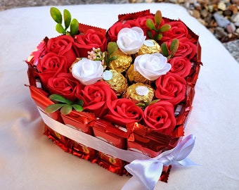 Mother's Day Heart Shaped Candy Cake with Kitkat Bars and Ferrero Rocher Chocolate, White and Red Roses, Love Themed Gift for Girlfriend