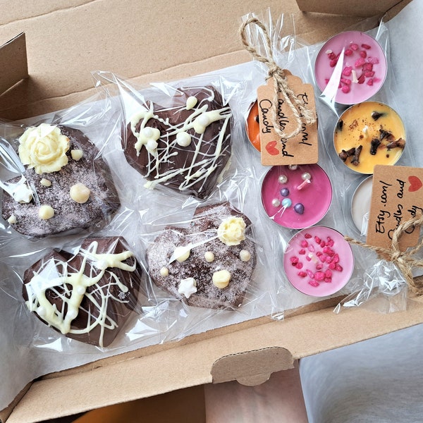 Handgemachte Herz-Pralinen - Duftende Teekerzen - Geburtstagsgeschenk für Sie - Gute Besserung Geschenkbox - Süßer Snackkorb - Thinking of you