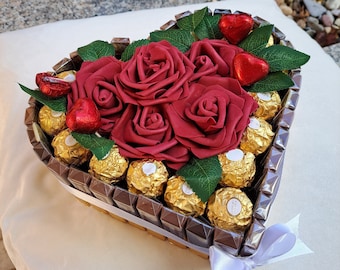 Valentine's Day Heart Shaped Candy Cake with Merci Chocolate Bars and Ferrero Rocher, Red Roses Love Themed Gift for Girlfriend Mother