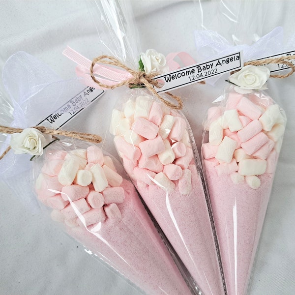 Baby Shower Hot Chocolate Cones - Pink Sweets Cones - DIY hot chocolate Party Favors - Baby First Birthday Guest Gifts - White Pastel Pink