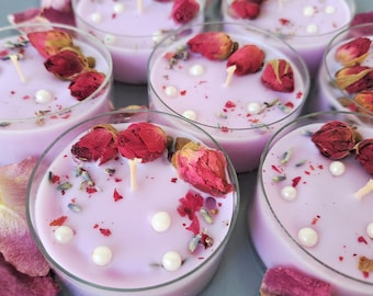 Mauve Candles with Lavender, Real Roses Buds and Pearls, Wildflower Theme Wedding Guest Favors, Vegan Handmade Tealights, Party Presents