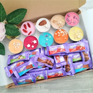 Mini Milka Chocolate Gift Box with Scented Candles, Mother&#39;s Day Easter Birthday Present Hamper, Personalized Snacks Treats, Get well Soon