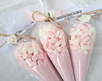 Baby Shower Hot Chocolate Cones - Pink Sweets Cones - DIY hot chocolate Party Favors - Baby First Birthday Guest Gifts - White Pastel Pink
