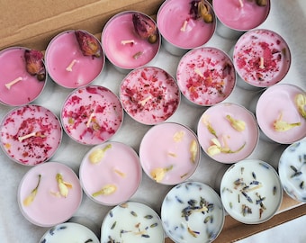 Candles with Natural Dried Flowers, Floral Tea Lights, Rose Petals and Lavender, Vegan Soy Wax, Mother's Day Gift, Aromatherapy, Mom Ritual