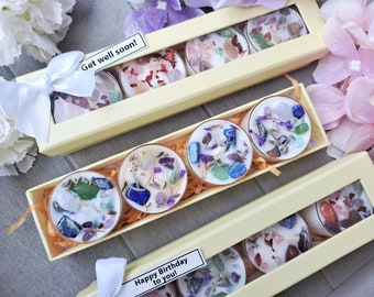 Candles with Crystals & Flowers, Soy Tealight Set, Christmas Gift Box for Mom Girlfriend, Energy Candle Handmade, Healing Ritual Intention