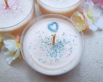 Velas con brillo de corazón azul, recuerdo de boda blanco, regalos para invitados de baby shower, regalos para la primera fiesta de cumpleaños del niño, decoración de comunión de bautismo