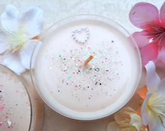 Candles with Heart Sparkles and Glitter, White Party Guest Favors, Wedding Souvenir, Baptism Gifts, Bridal or Baby Shower Vanilla Tea Lights