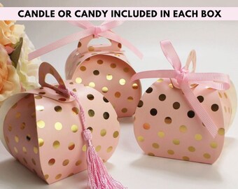 Pink Candy Box Filled with Candle or Chocolate, Girl Party Guest Favors, Baby Shower Birthday Souvenirs, Gold Polka Dots Cushion Packaging