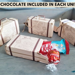 Mini Travel Suitcase Boxes with Chocolate, Paper Candy Packaging, Goodbye Theme Farewell Party Favors, Trip Travel Celebration Souvenirs