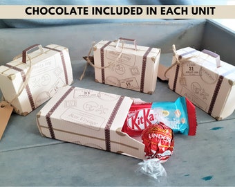 Mini Travel Suitcase Boxes with Chocolate, Paper Candy Packaging, Goodbye Theme Farewell Party Favors, Trip Travel Celebration Souvenirs