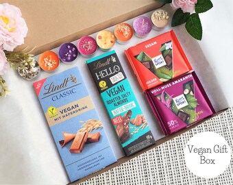 Veganer Schokoladenkorb-Ritter Sport und Lindt Geschenkbox-Duftende Teekerzen-Veganes Geschenk für Freund-Gute Besserung-Geburtstagsgeschenk Leckereien