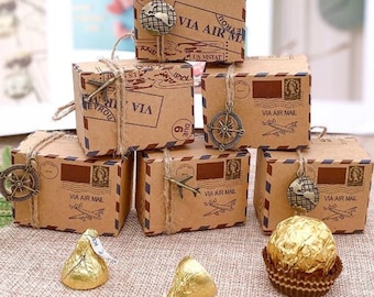 Travel Theme Candy Box with Chocolate Guest Gifts, Beige Vintage Farewell Party Favors, See you soon Souvenirs, Moving  Goodbye Presents