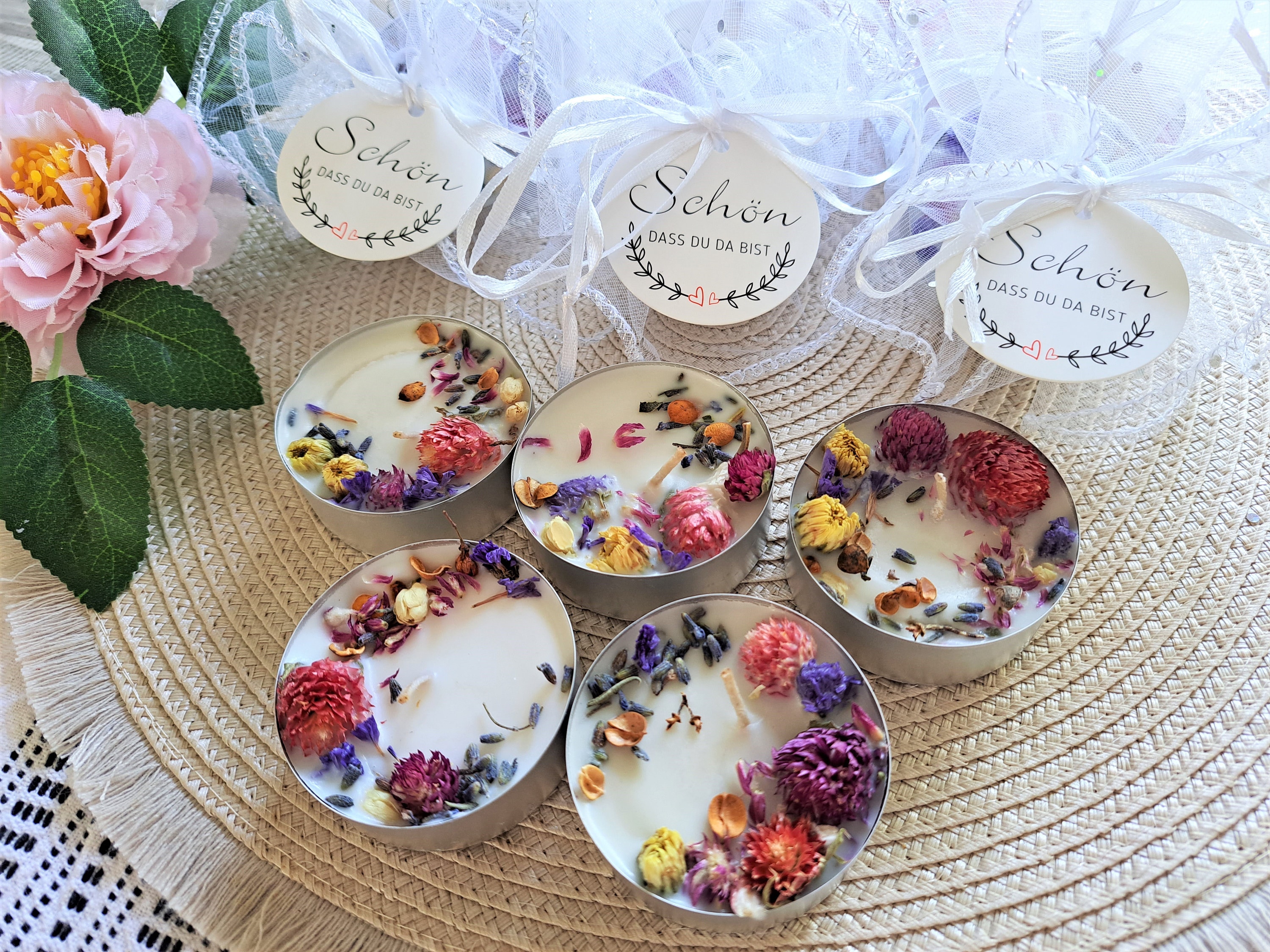 Maxi Candle With Dried Flowers-handmade Guest Gift-thank You for