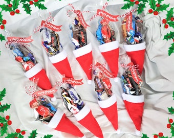 Christmas Cone Stockings filled with Candy -Chocolate Snacks Stocking Stuffers - Xmas Present for Kids - Holiday Guest Gifts - Santa Hat