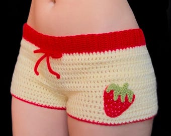 Crochet Shorts with Strawberry Appliqué Handmade