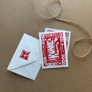 Minikaart met blokprint - handgemaakte kattenvolkskunst (verpakking van 4 met enveloppen)