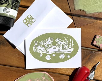 Set di biglietti d'auguri con rane stampate a blocchi: biglietti d'arte popolare fatti a mano (set da 4)
