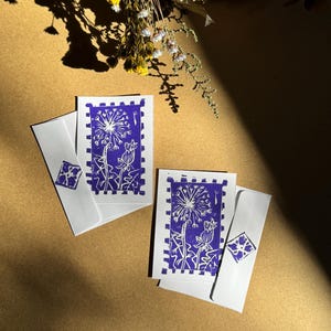 Cartão Mini Block Print - Arte Folclórica de Danelion Feito à Mão (Pacote com 4 Envelopes) Violeta