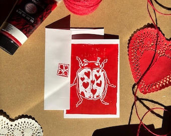 Cartão de inseto com impressão em bloco - Conjunto de 4 com envelopes, cartão Joaninha/Besouro do amor