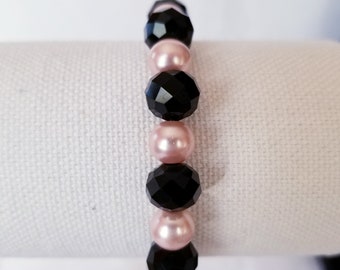 Pretty in pink pearls with black cut glass beaded stretch bracelet