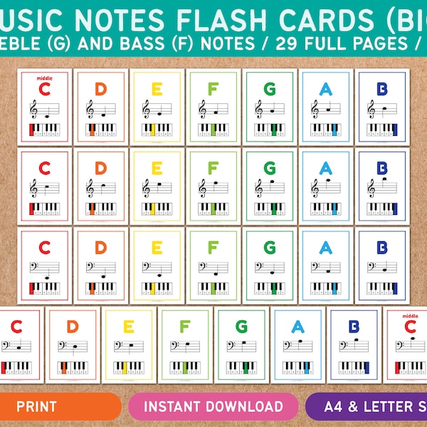 Big Music Notes Flash Cards - Treble G and Bass F Clef - Music Theory - Learn Piano Lessons - Homeschool - Learning Through Play - Printable