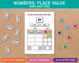 Numbers Place Value - Ones Tens - Printable - Elementary Math Worksheet - Homeschool - Task Box - Busy Book - Learning Binder - File Folder