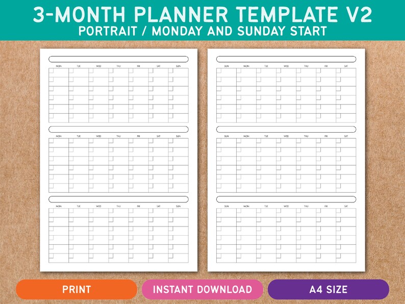 Printable 3-month Planner Template V2 - Calendar - Landscape ...