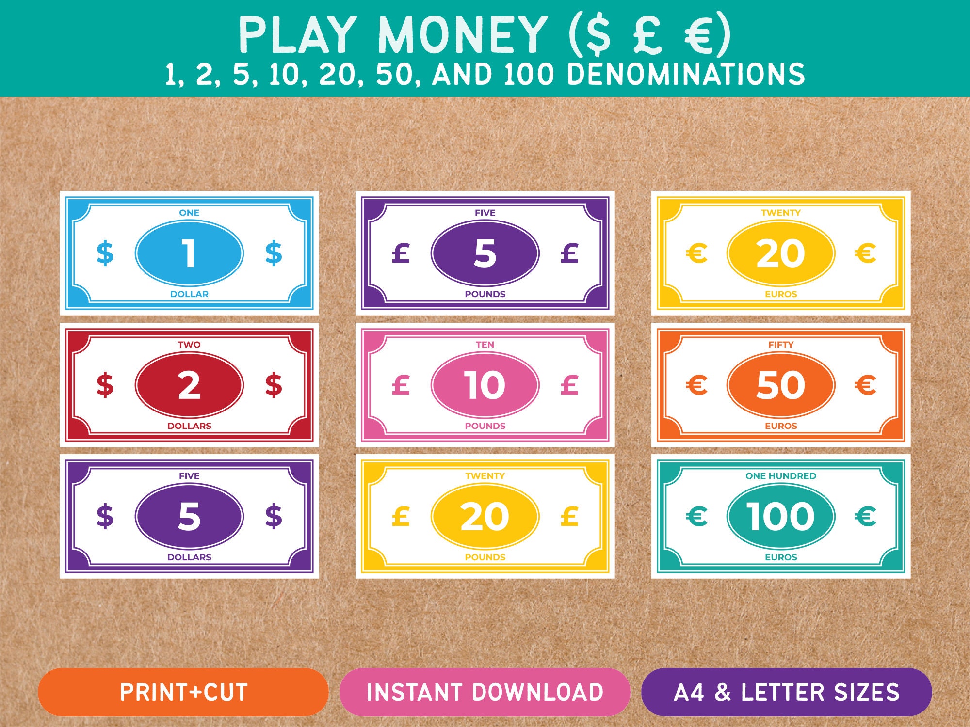 Play Money - Dollars Pounds Euros - Printable - Cash Paper Bills ...