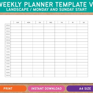 Printable Weekly Planner Template V1 - Calendar - Landscape ...