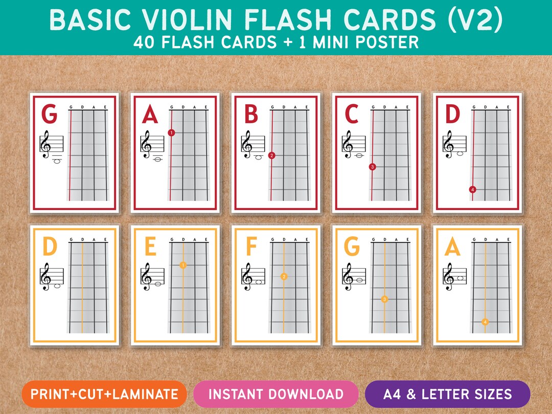 Basic Violin Flash Cards V2 First Position Treble G Clef Music Theory